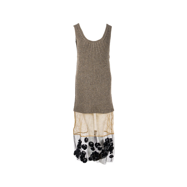 Prada Size 38 Flower Dress Scheerwol Light Grey/Gold/Black