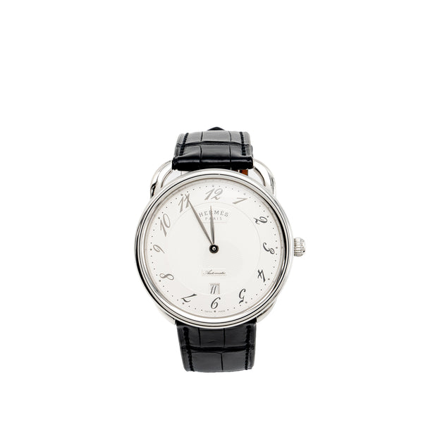 Hermes Arceau Watch 40mm large meodel with alligator black strap, white dial