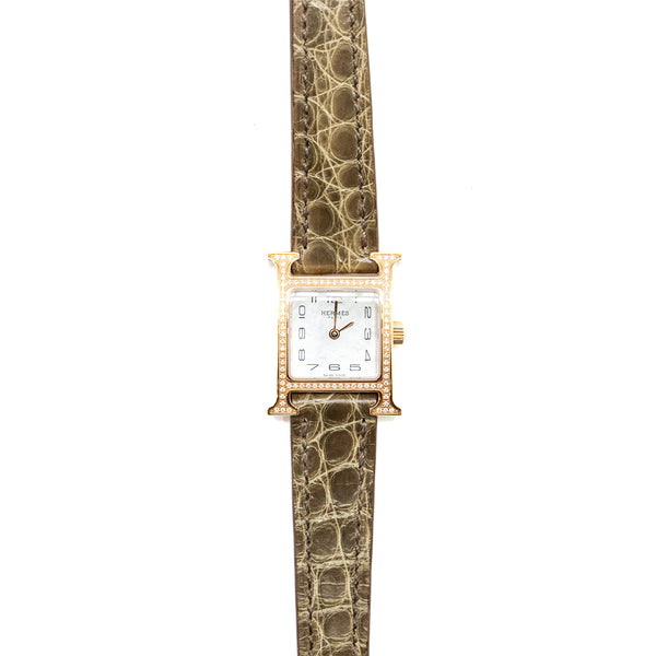 Hermes Heure H Watch Mini Model, 21MM Rose Gold with diamonds, Alligator strap Gris Elephant Grey