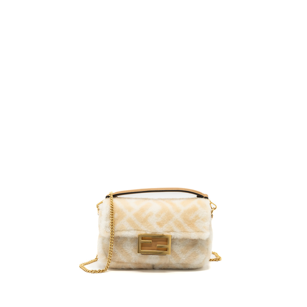 Fendi Mini Baguette Sheepskin Beige White GHW