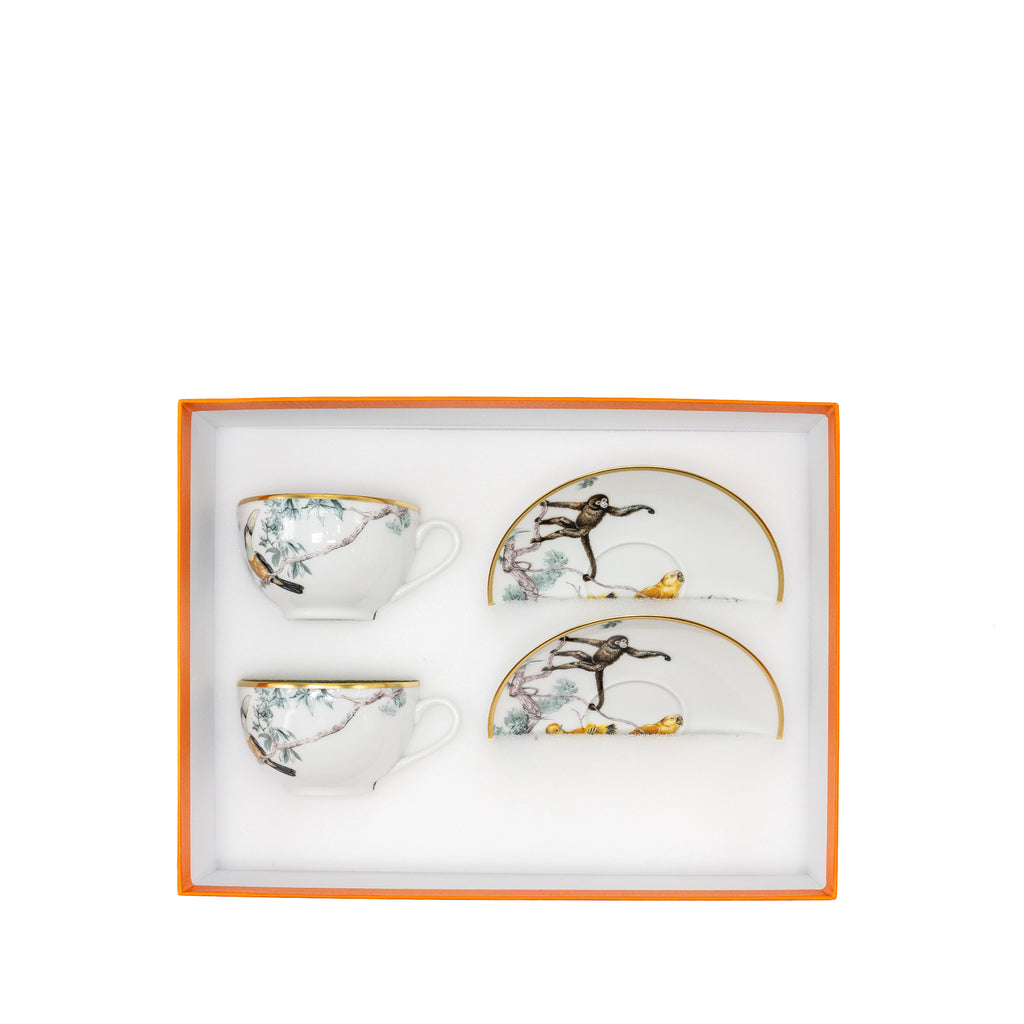 Service à Thé HERMÈS Carnets D'Equateur - 2 Tasses + Soucoupes - Porcelaine Blanche Or 24K - Neuf Authentique