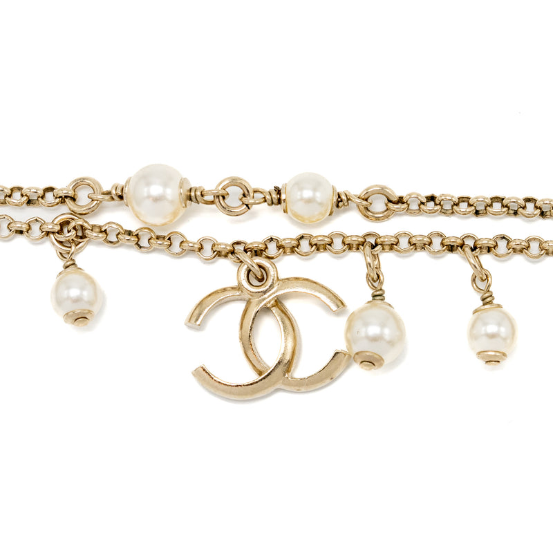 Chanel Double Chain Bracelet with CC logo and pearl  light gold tone