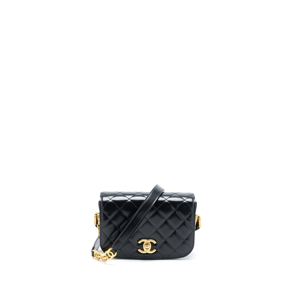 Chanel Crossbody Mini Flap Bag CC Logo Strap Calfskin Black Brushed GH