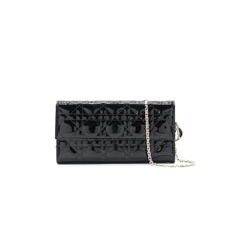 Dior Patent Leather Long Wallet with Chain Black