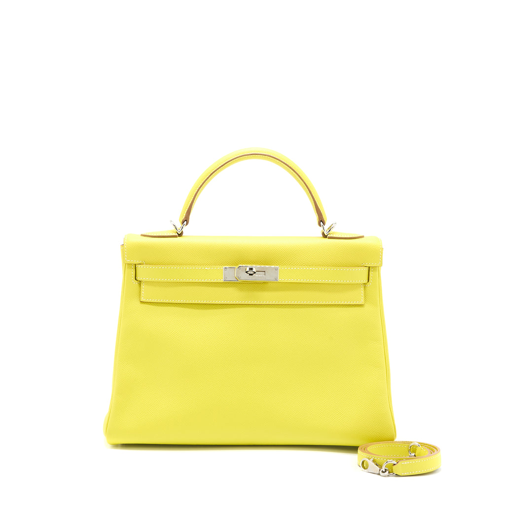 Hermes Kelly 32 Epsom Lime/Gris Perle SHW Stamp Square Q in 2023