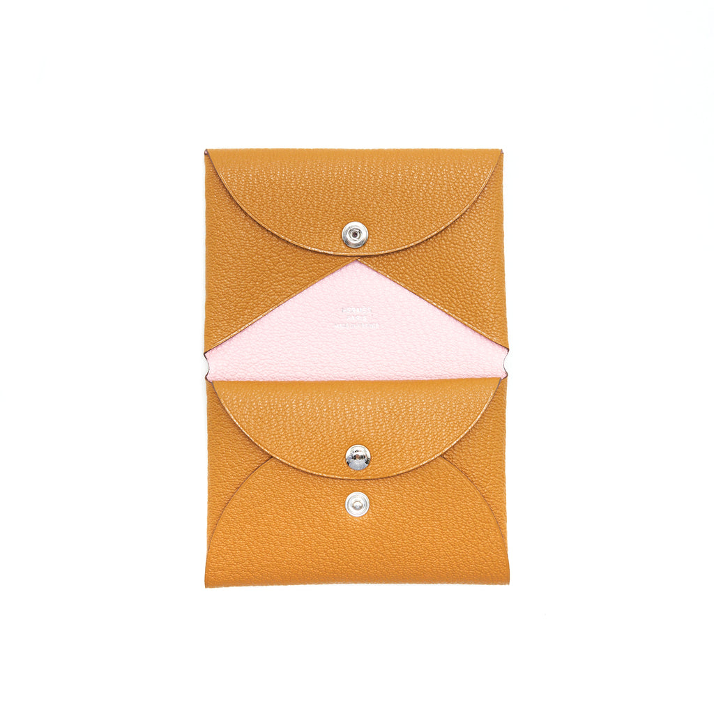Hermes Bi-Color Caramel/Rose Sakura Chevre Mysore Calvi Duo Card Case -  Yoogi's Closet