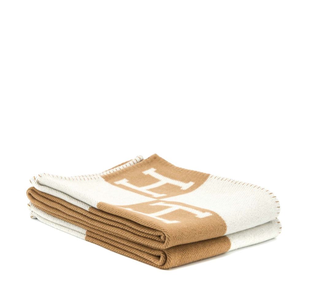 Louis Vuitton Throw Blanket Tan Ivory Monogram 90% Wool 10