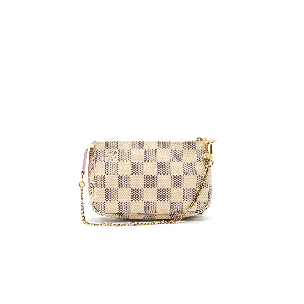 Louis Vuitton Rose Ballerine and Damier Azur Coated Canvas Studded City Pouch Gold Hardware, 2019 (Like New), White/Blue/Pink Womens Handbag