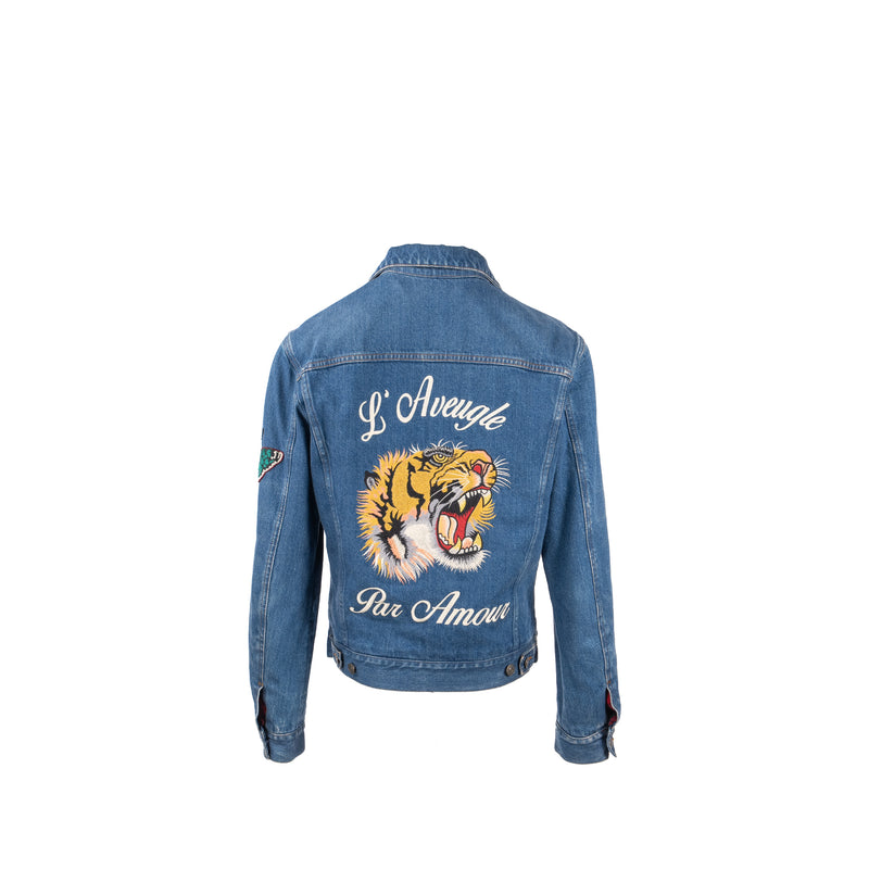 GUCCI Size 48 Tiger Denim Jacket With Embroidery Cotton Blue/Multicolour