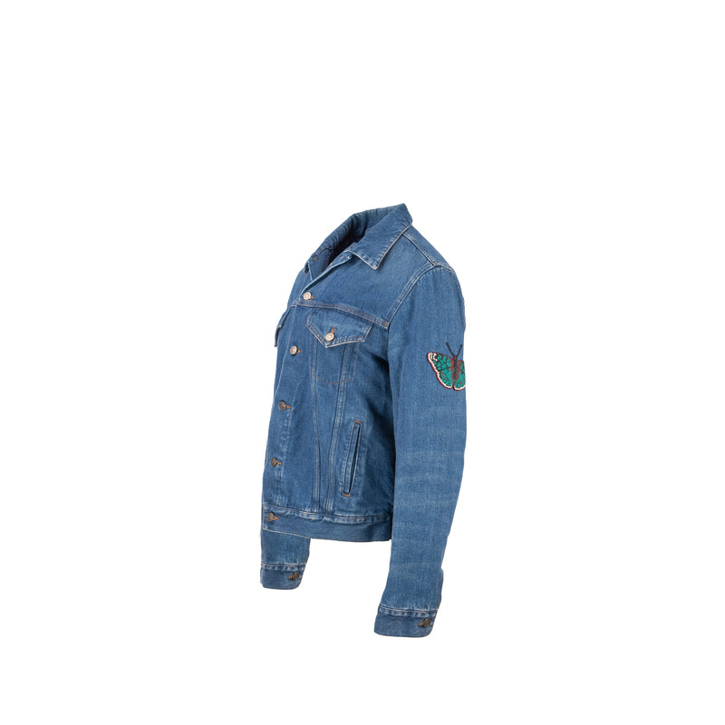 GUCCI Size 48 Tiger Denim Jacket With Embroidery Cotton Blue/Multicolour