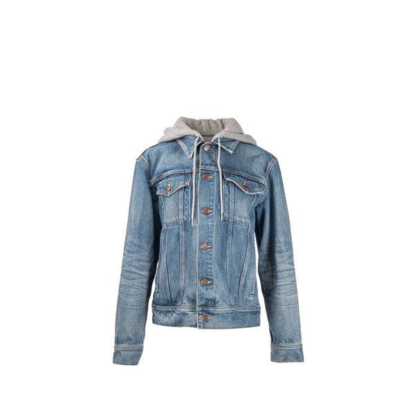 Celine Size M Hooded Trucker Denim Jacket Union Wash Denim Blue / Grey