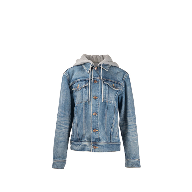 Celine Size M Hooded Trucker Denim Jacket Union Wash Denim Blue / Grey