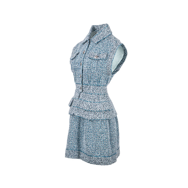 CHANEL Size 34 20P Sleeveless Tweed Dress Polyamide/Cotton Navy Blue/Blue/Green