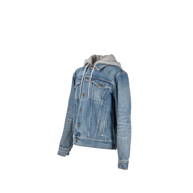 Celine Size M Hooded Trucker Denim Jacket Union Wash Denim Blue / Grey