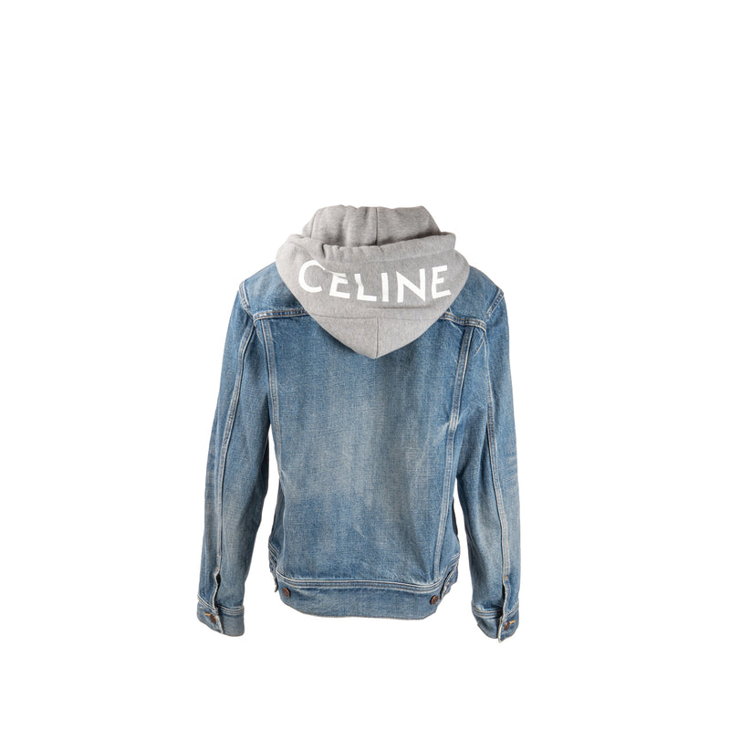 Celine Size M Hooded Trucker Denim Jacket Union Wash Denim Blue / Grey