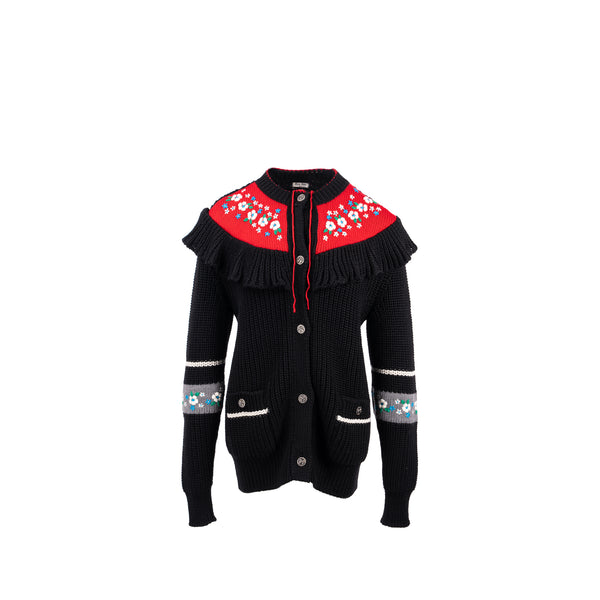 Miu Miu Size 38 Floral Cardigan Wool Black/Red Multicolour