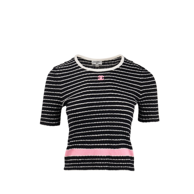 Chanel Size 36 CC Short Sleeve Top Cotton/Polyamide Black/Pink/White