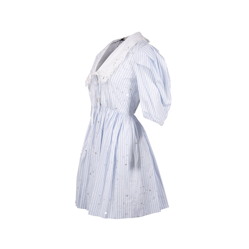 MIU MIU Size 36 Lace Collar Striped Dress With Crystal Cotton White/Bl MIU MIU Size 36 Lace Collar Striped Dress With Crystal Cotton White/Bl