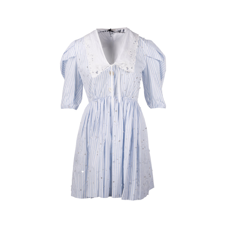 MIU MIU Size 36 Lace Collar Striped Dress With Crystal Cotton White/Bl MIU MIU Size 36 Lace Collar Striped Dress With Crystal Cotton White/Bl