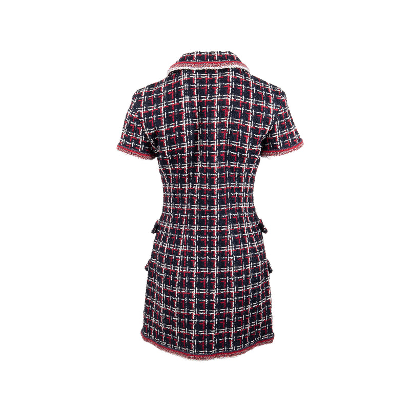 Chanel Size 36 Tweed Short-Sleeve Mini Dress Viscose Navy/ Multicolour