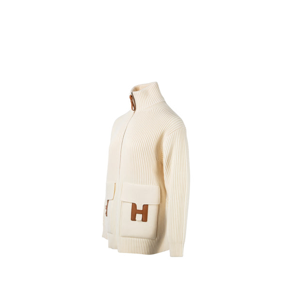 Hermes Size 34 Blouson Details Cuir Cardigan virgin wool white