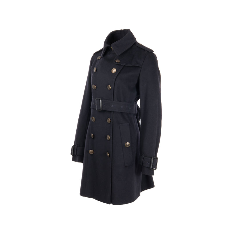 Burberry Size UK12 Detailed Button Trench Coat Virgin Wool/Cashmere Dark Blue