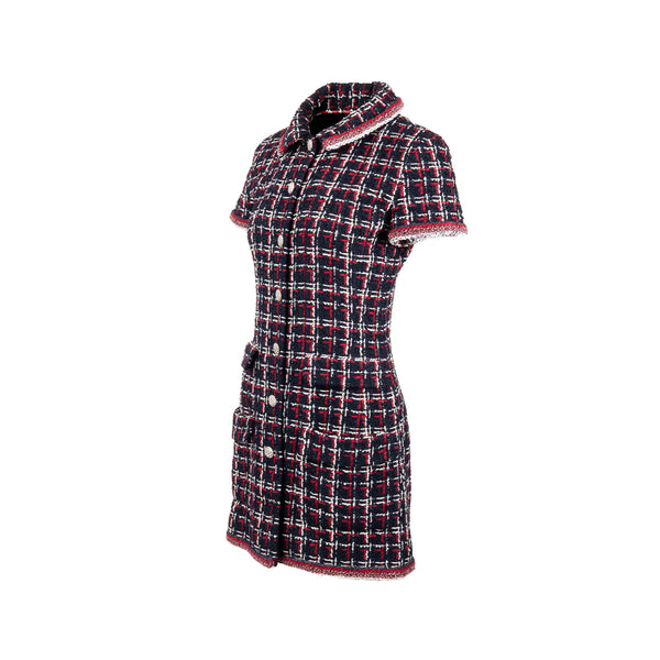 Chanel Size 36 Tweed Short-Sleeve Mini Dress Viscose Navy/ Multicolour