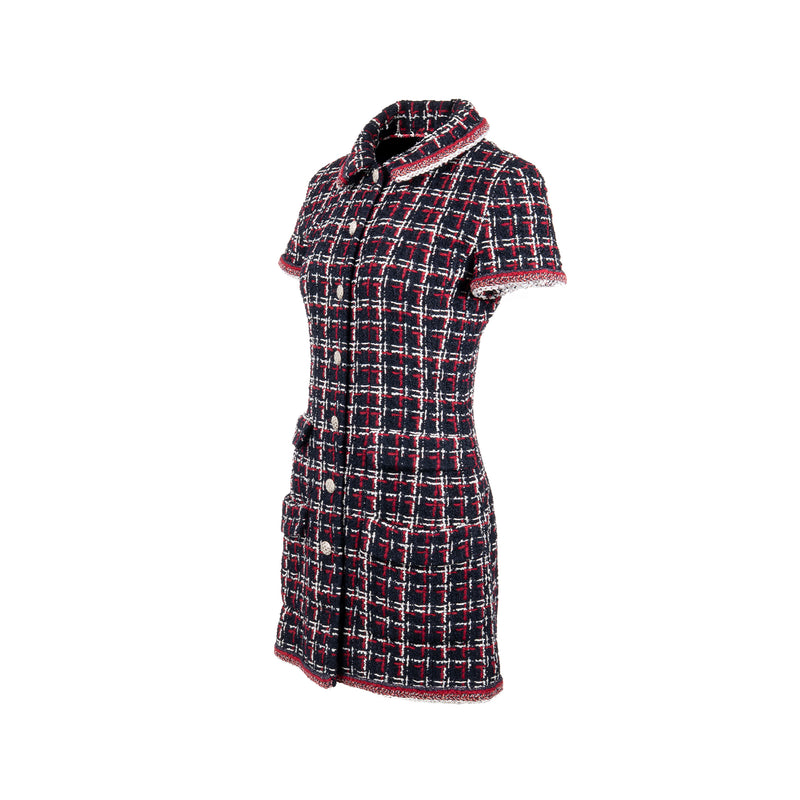 Chanel Size 36 Tweed Short-Sleeve Mini Dress Viscose Navy/ Multicolour