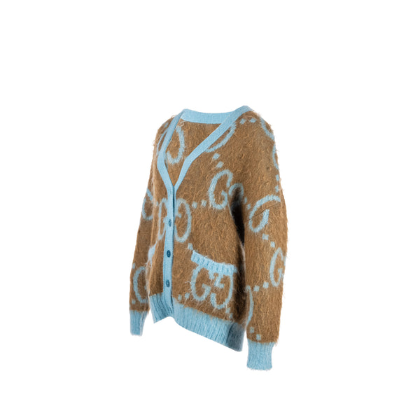 Gucci Size S Reversible GG Cardigan Mohair/Polyamide/Wool Light Blue/Brown