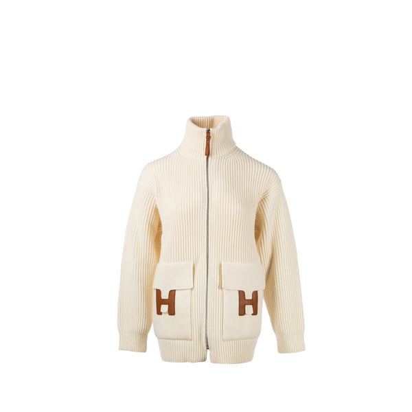 Hermes Size 34 Blouson Details Cuir Cardigan virgin wool white