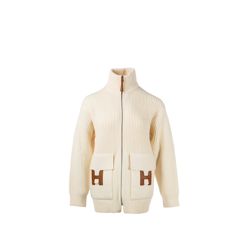 Hermes Size 34 Blouson Details Cuir Cardigan virgin wool white