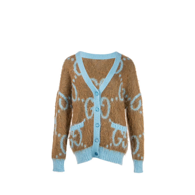 Gucci Size S Reversible GG Cardigan Mohair/Polyamide/Wool Light Blue/Brown