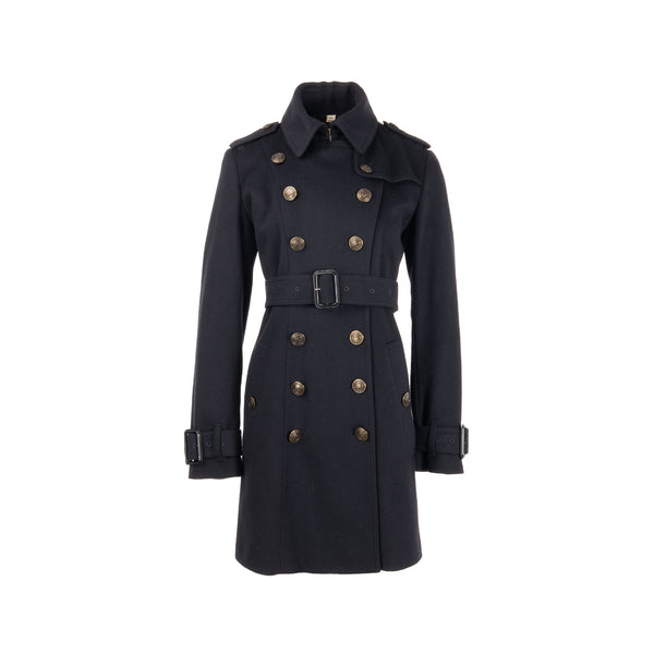 Burberry Size UK12 Detailed Button Trench Coat Virgin Wool/Cashmere Dark Blue