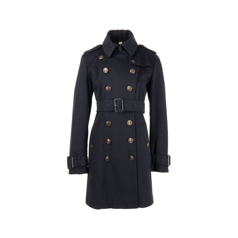 Burberry Size UK12 Detailed Button Trench Coat Virgin Wool/Cashmere Dark Blue