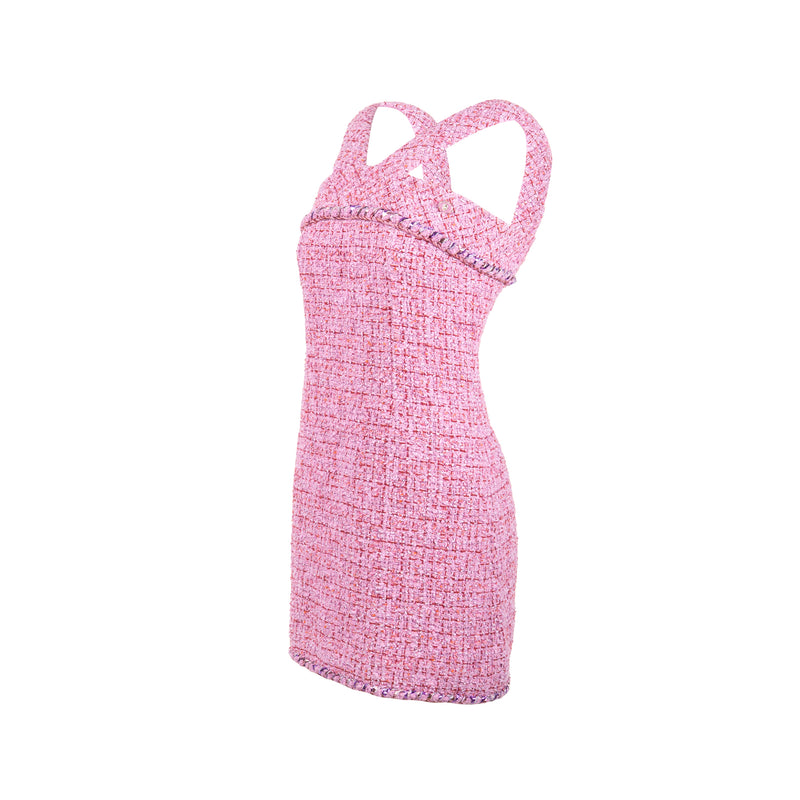 Chanel Size 34 22P Tweed Mini Dress Cotton/Polyester Light Purple / Pink