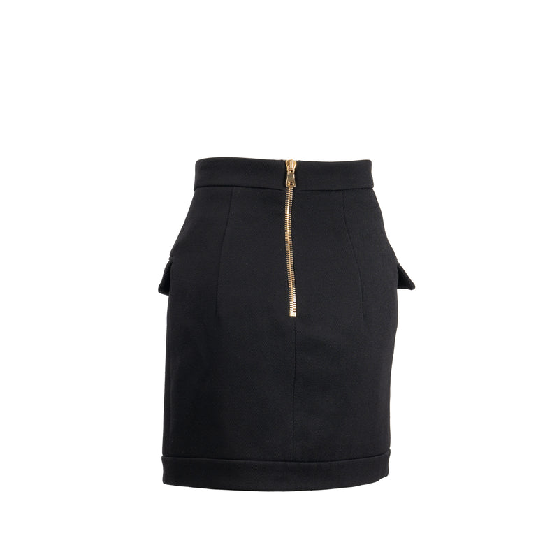 Balmain Size 34 Mini Skirt With Golden Button-detail Wool Black