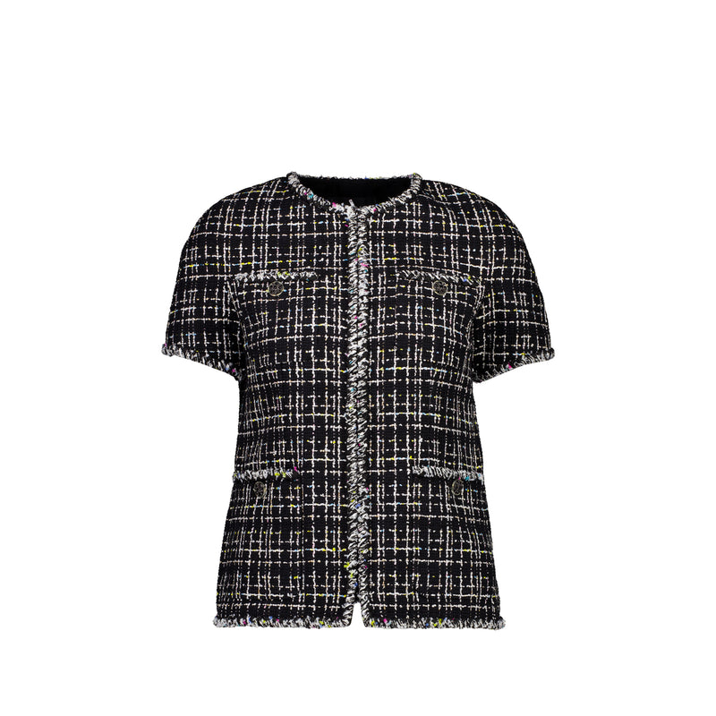 Chanel Size 38 Short Sleeve Tweed Jacket Black/White/Pink/Yellow