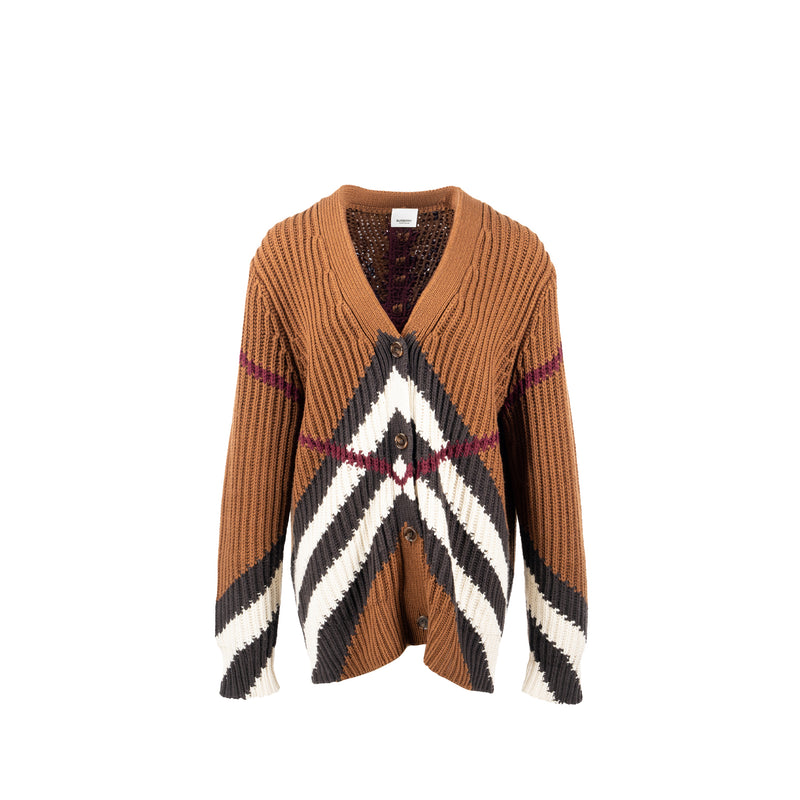 Burberry Size L Chevron Pattern Ribbed Cardigan Cashmere/Cotton Brown/Multicolour