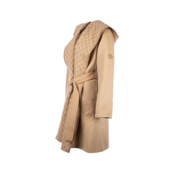 Louis Vuitton size 34 signature double face hooded wrap coat wool beige