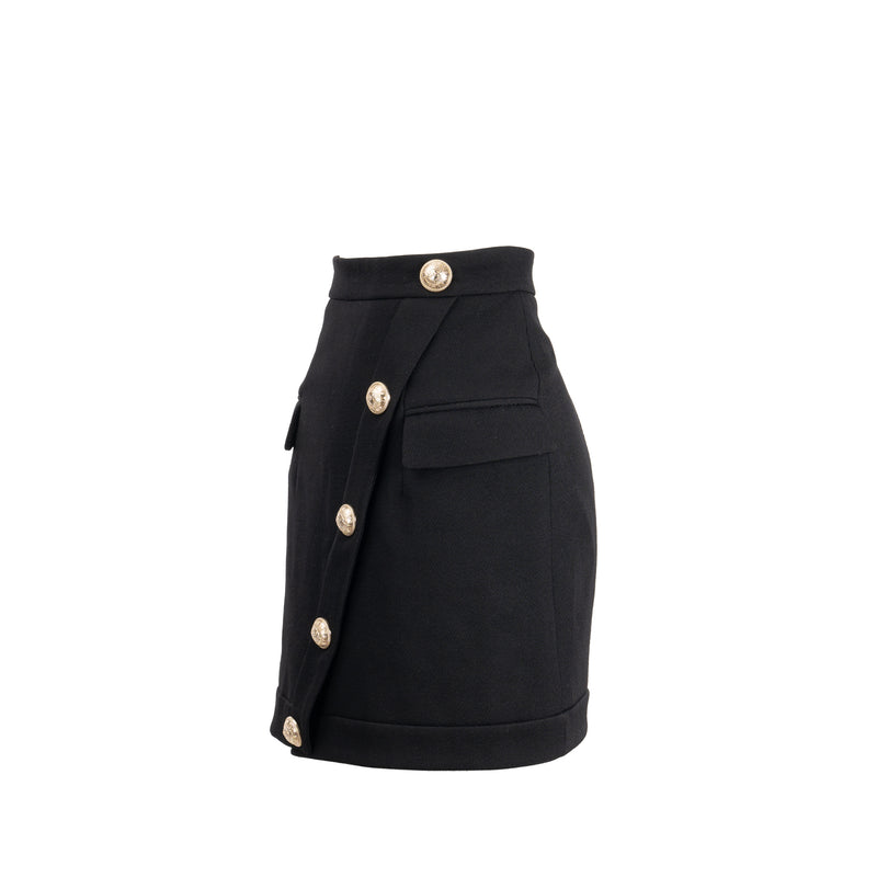 Balmain Size 34 Mini Skirt With Golden Button-detail Wool Black