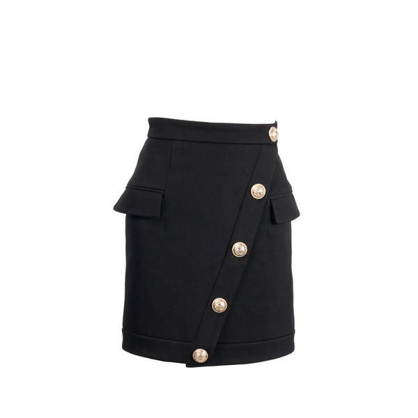 Balmain Size 34 Mini Skirt With Golden Button-detail Wool Black