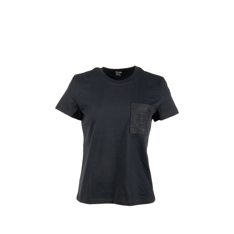 Hermes Size 36 Embroidered Pocket T-Shirt Cotton Black
