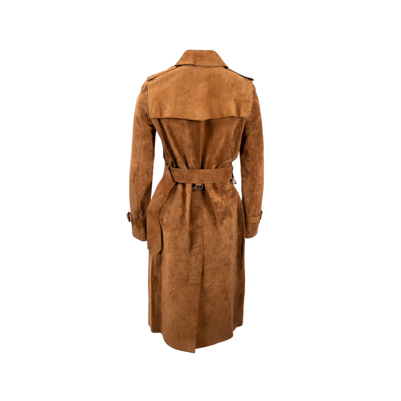 Burberry Size 34 Double-Breasted Trench Coat Suede/ Calfskin Brown