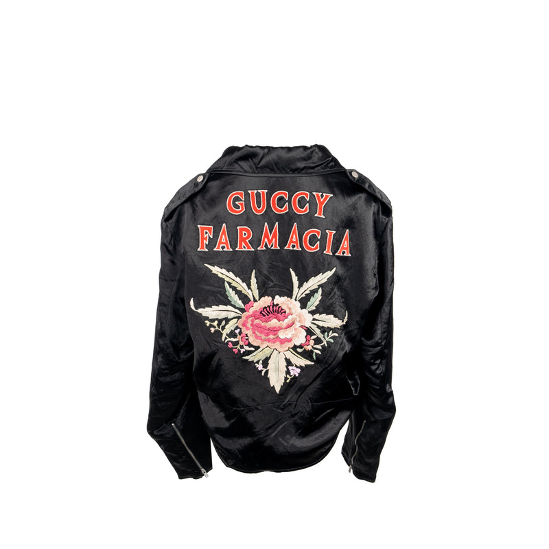 Gucci Size 44 Guccy Farmacia Embroidery Biker Jacket Acetate/Polyamide/Cotton Washed Black