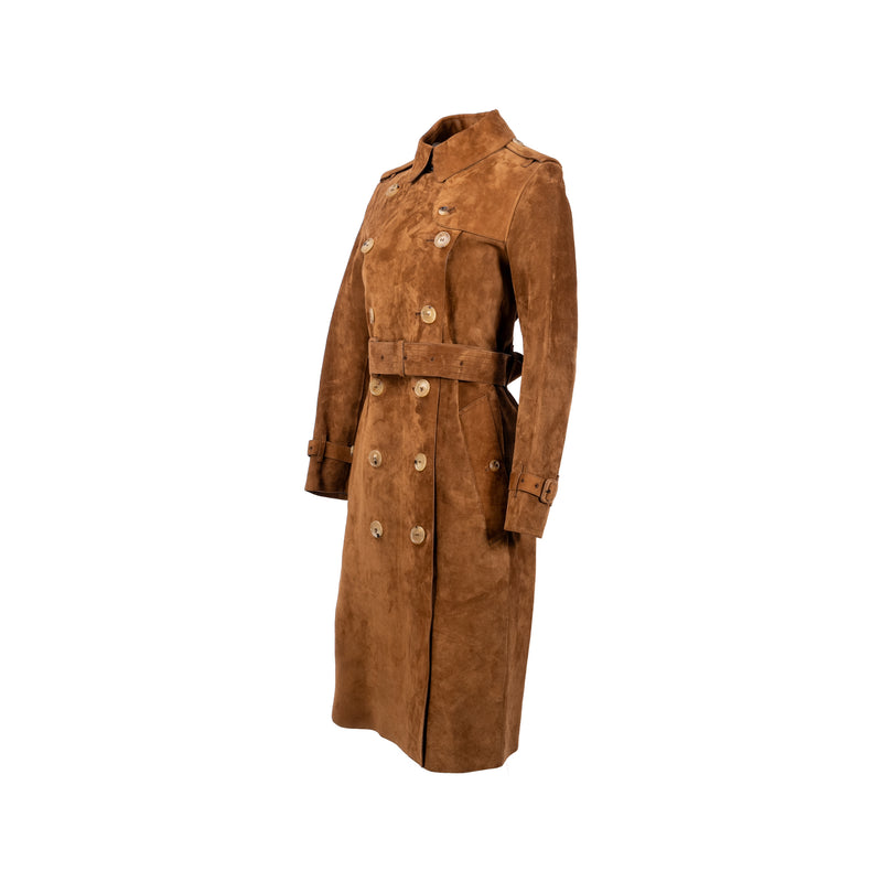 Burberry Size 34 Double-Breasted Trench Coat Suede/ Calfskin Brown