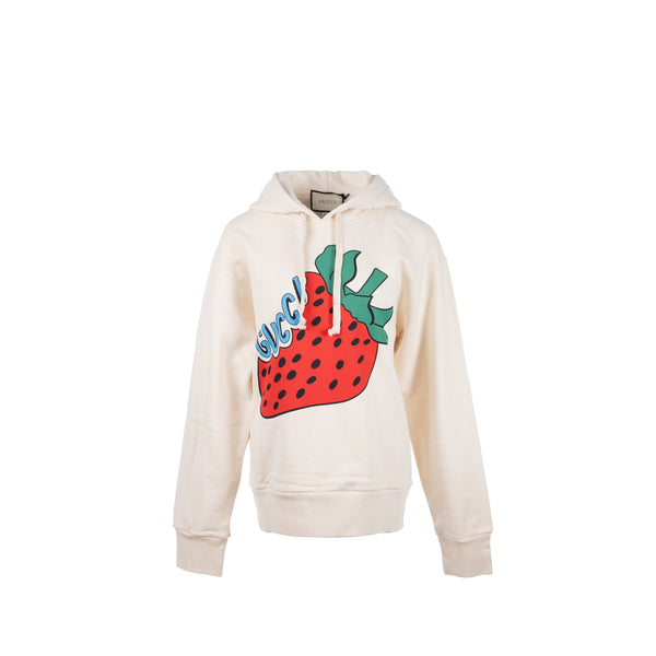 Gucci Size S Strawberry Printed Hoodie Cotton White/Multicolour