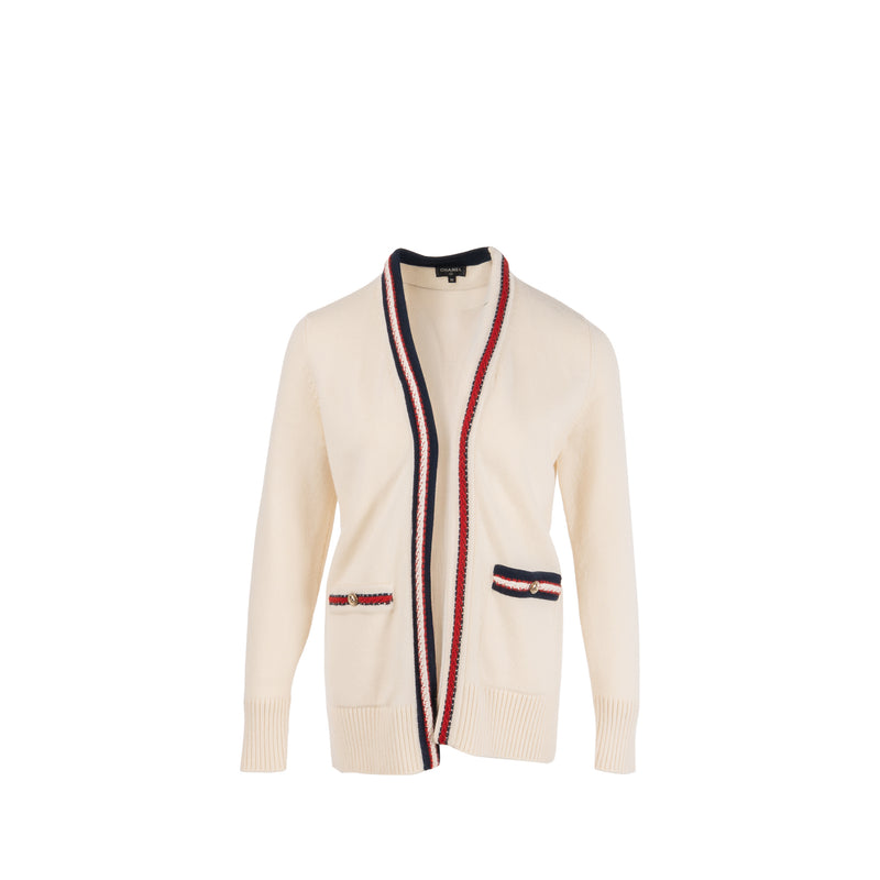 Chanel size 36 21C cardigan cashmere ecru/ red/ navy