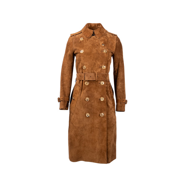 Burberry Size 34 Double-Breasted Trench Coat Suede/ Calfskin Brown