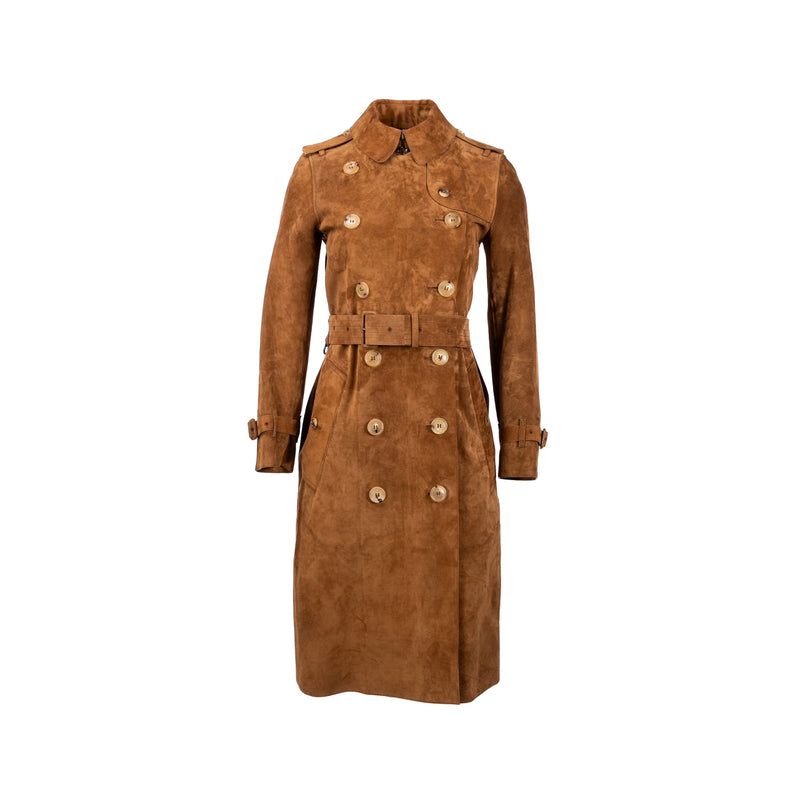 Burberry Size 34 Double-Breasted Trench Coat Suede/ Calfskin Brown