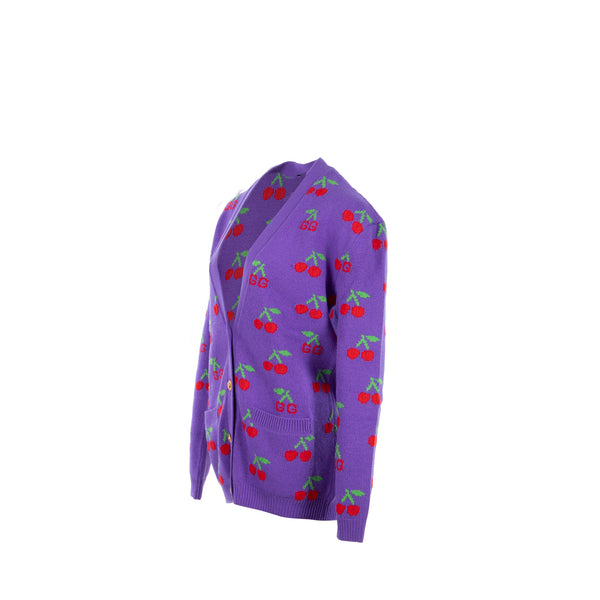 Gucci Size S GG Cherry Intarsia Knit Cardigan Wool Purple